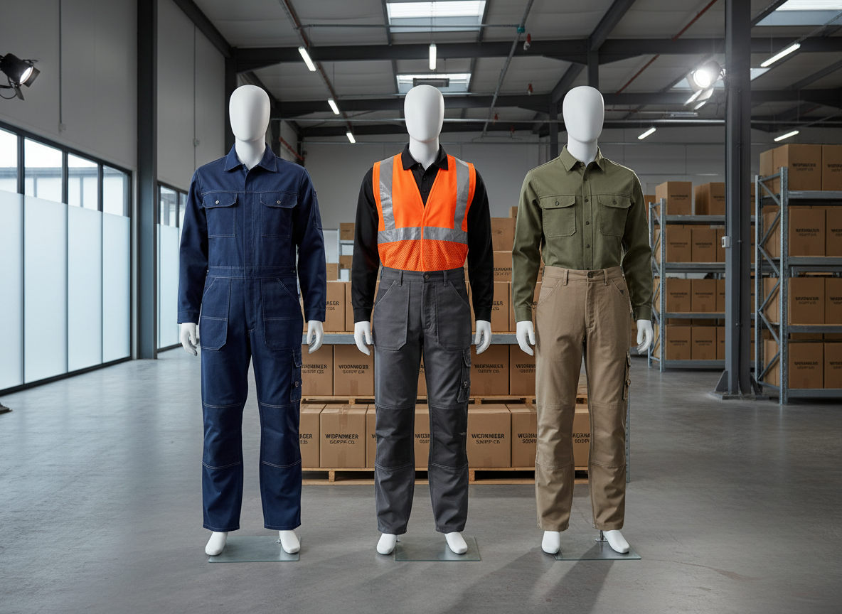 A row of durable workwear uniforms displayed on headless, featureless mannequins in a clean industrial showroom. Each uniform showcases different industries: rugged canvas coveralls in deep navy, high-visibility vests over charcoal work pants, sturdy twill work shirts in muted earth tones. The backdrop is a modern warehouse interior with neatly stacked cardboard cartons and metal shelving, subtly implying bulk supply and manufacturing. Soft studio lighting from above and the sides highlights fabric textures, reinforced seams, and reflective strips, casting gentle, professional shadows. Photographic realism, eye-level composition with sharp focus throughout, creating a confident, trustworthy atmosphere ideal for a workwear manufacturer and supplier homepage hero image.
