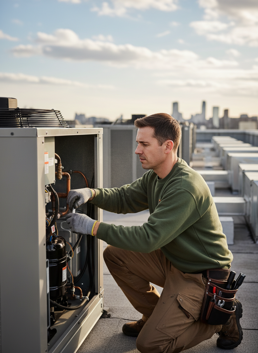 HVAC technician wearing olive green crew neck sweatshirt